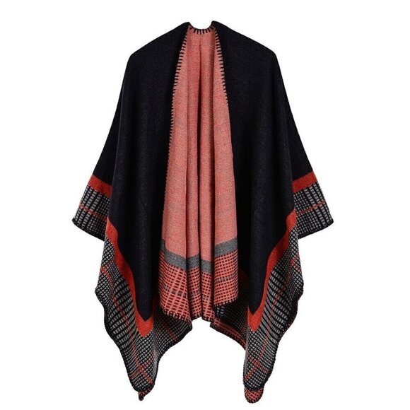 Navy Blue & Red Sweater Scarf Poncho Cape Open Front Blanket Shawls Women - Picture 2 of 4